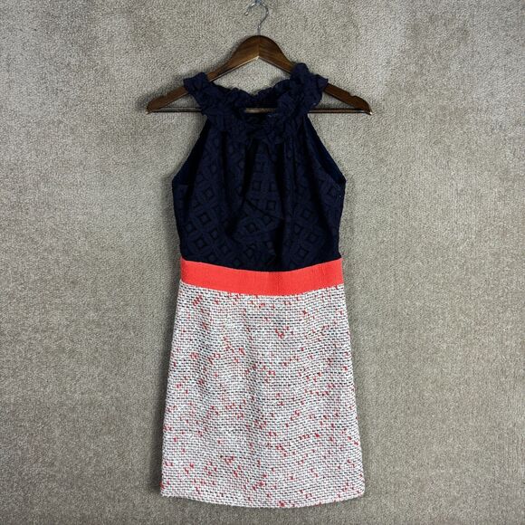 Milly NY Dress Sheath Dress 4 Navy Halter Neck Lace & Tweed Boucle Sleeveless - Picture 2 of 12